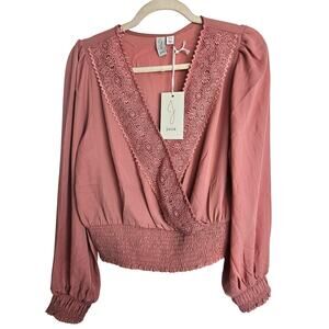 Joie Womens Surplice Smocked Blouse Size M Lace Trim Coquette Romantic Feminine